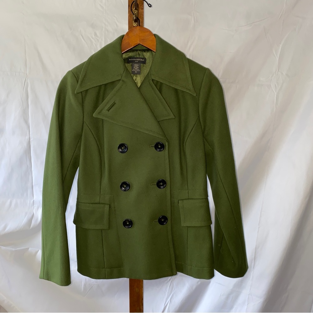 Banana Republic double breasted wool coat, leaf green, XS.